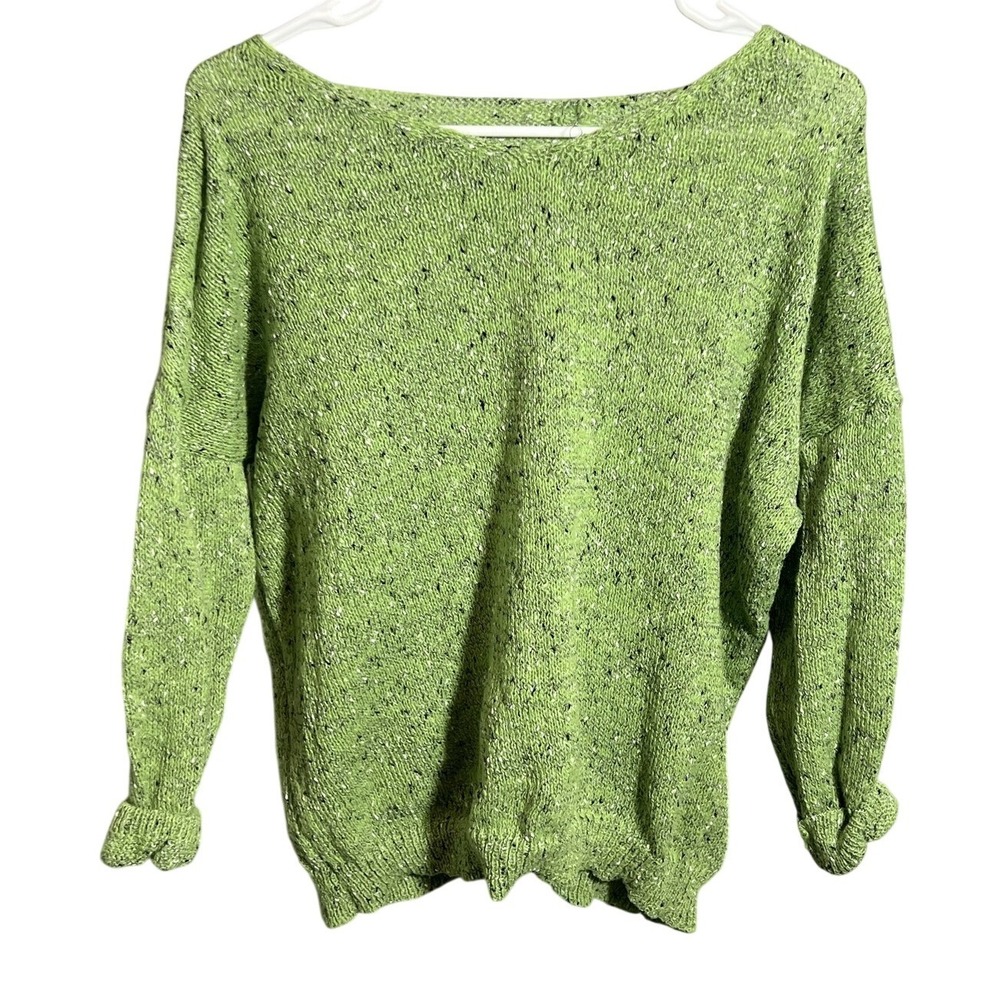 Women's Lime Green Speckled Knit Sweater Size L Long Sleeve Pullover Scoop Neck‎